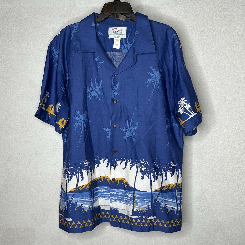Hawaii Hangover Mens XL Hawaiian Aloha Shirt Diamond Head Palms Beach Navy